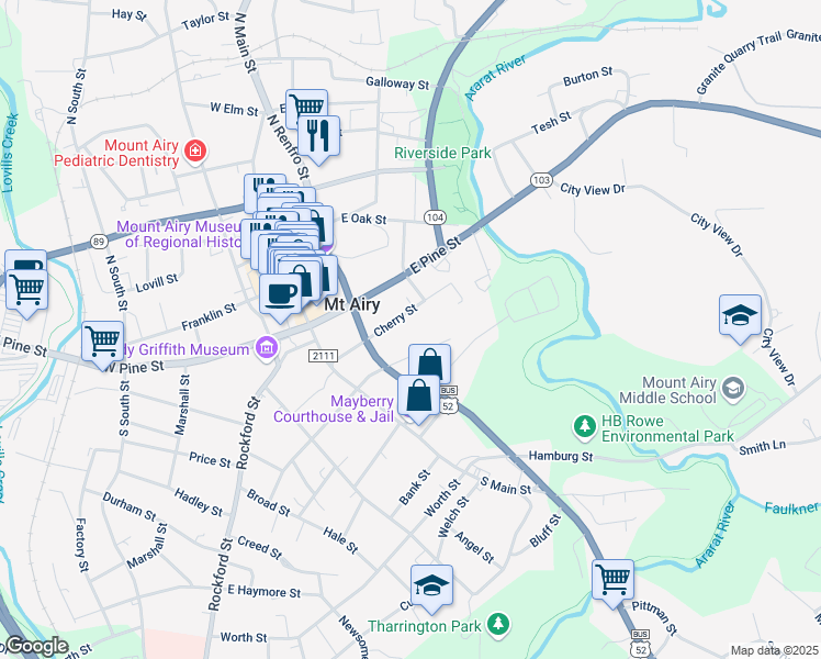 map of restaurants, bars, coffee shops, grocery stores, and more near 306 Cherry Street in Mount Airy
