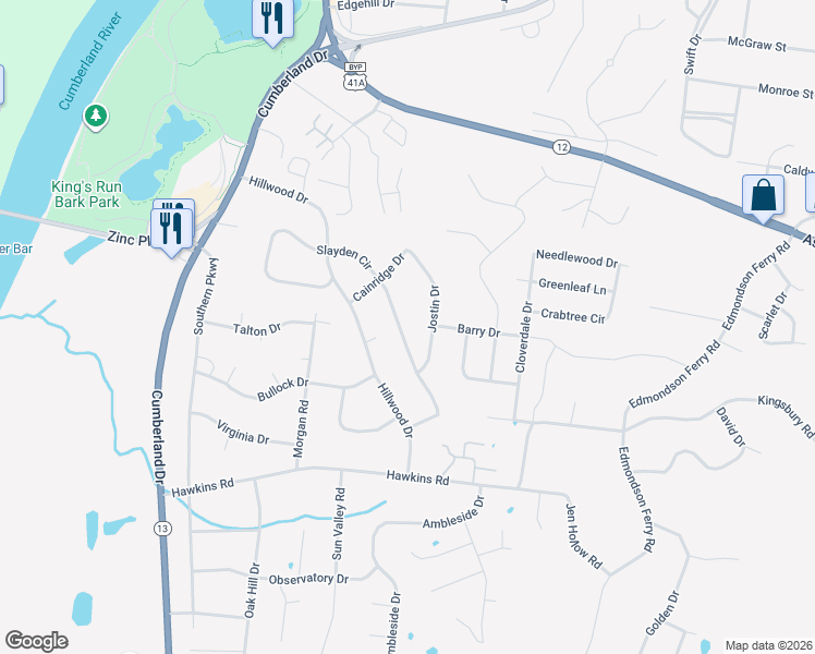 map of restaurants, bars, coffee shops, grocery stores, and more near 1273 Slayden Circle in Clarksville