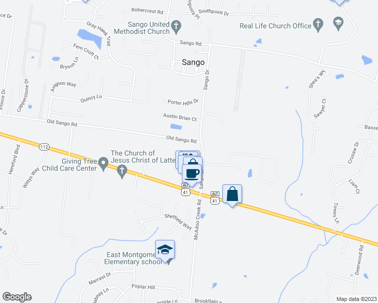 map of restaurants, bars, coffee shops, grocery stores, and more near 166 Sango Drive in Clarksville