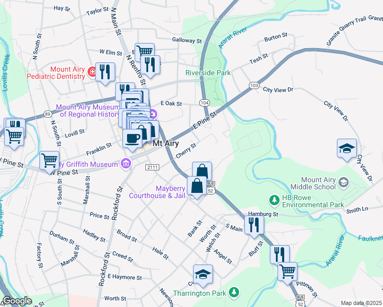 map of restaurants, bars, coffee shops, grocery stores, and more near 306 Cherry Street in Mount Airy