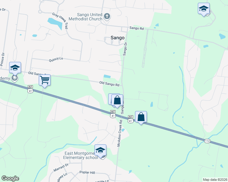 map of restaurants, bars, coffee shops, grocery stores, and more near 166 Sango Drive in Clarksville