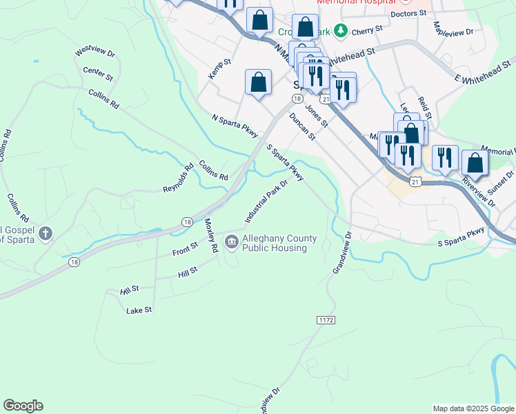 map of restaurants, bars, coffee shops, grocery stores, and more near Industrial Park Drive in Sparta