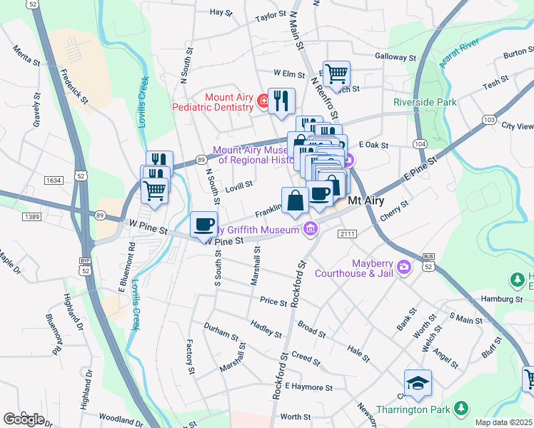 map of restaurants, bars, coffee shops, grocery stores, and more near 341 Franklin Street in Mount Airy