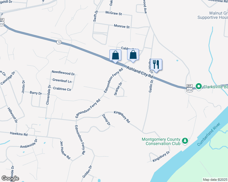 map of restaurants, bars, coffee shops, grocery stores, and more near 228 Scarlet Drive in Clarksville