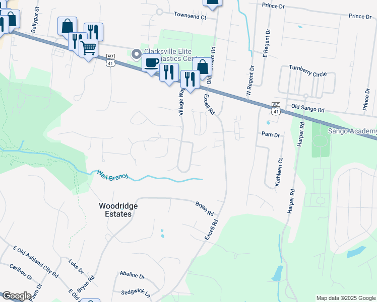 map of restaurants, bars, coffee shops, grocery stores, and more near 169 Village Way in Clarksville