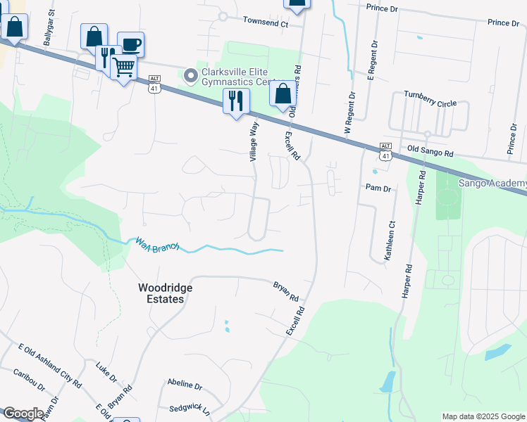 map of restaurants, bars, coffee shops, grocery stores, and more near 169 Village Way in Clarksville