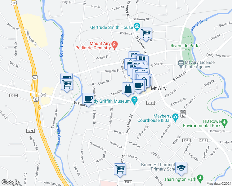 map of restaurants, bars, coffee shops, grocery stores, and more near Franklin Street in Mount Airy