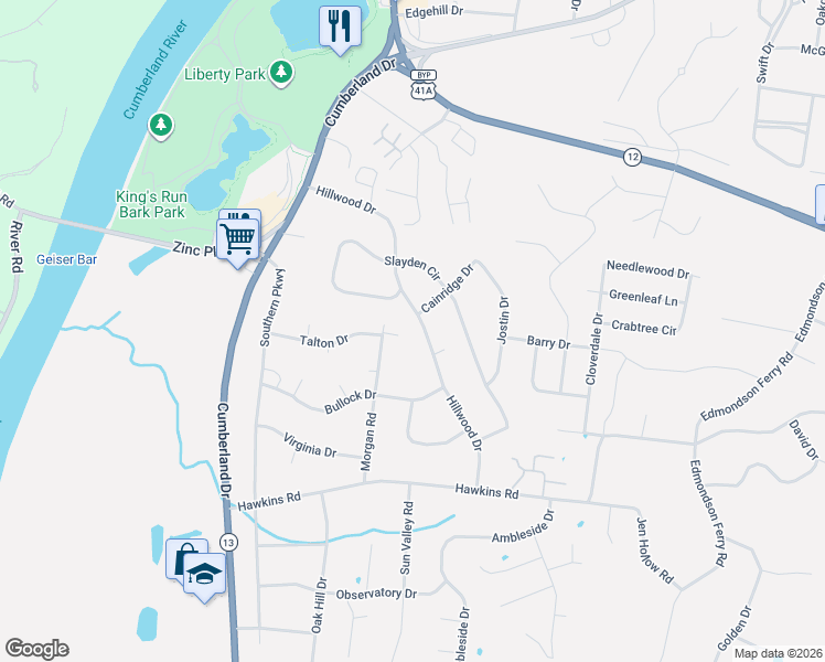 map of restaurants, bars, coffee shops, grocery stores, and more near 1266 Hillwood Drive in Clarksville