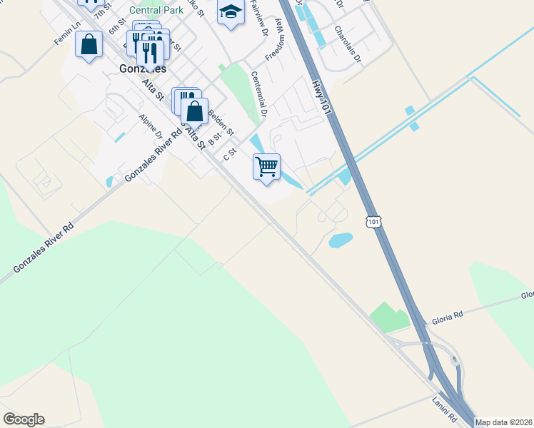 map of restaurants, bars, coffee shops, grocery stores, and more near 724 South Alta Street in Gonzales