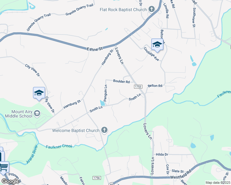 map of restaurants, bars, coffee shops, grocery stores, and more near 145 Aristocrat Lane in Mount Airy