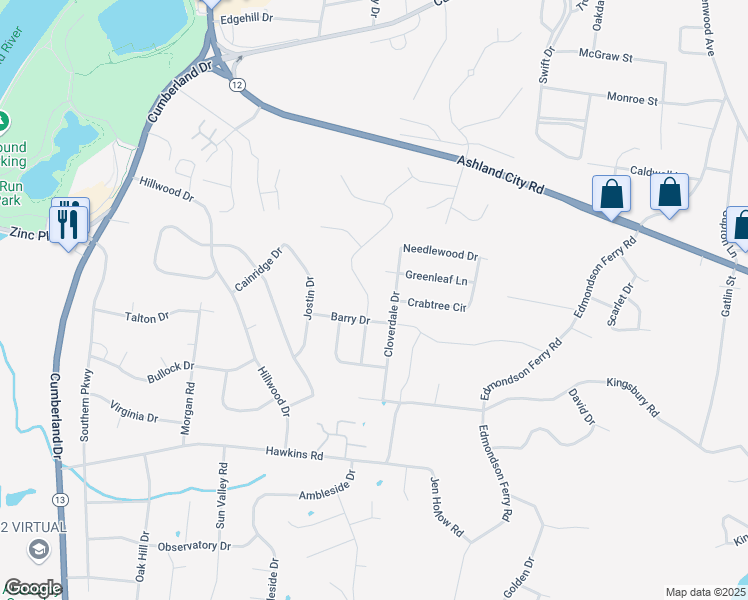 map of restaurants, bars, coffee shops, grocery stores, and more near 1252 Cottonwood Drive in Clarksville
