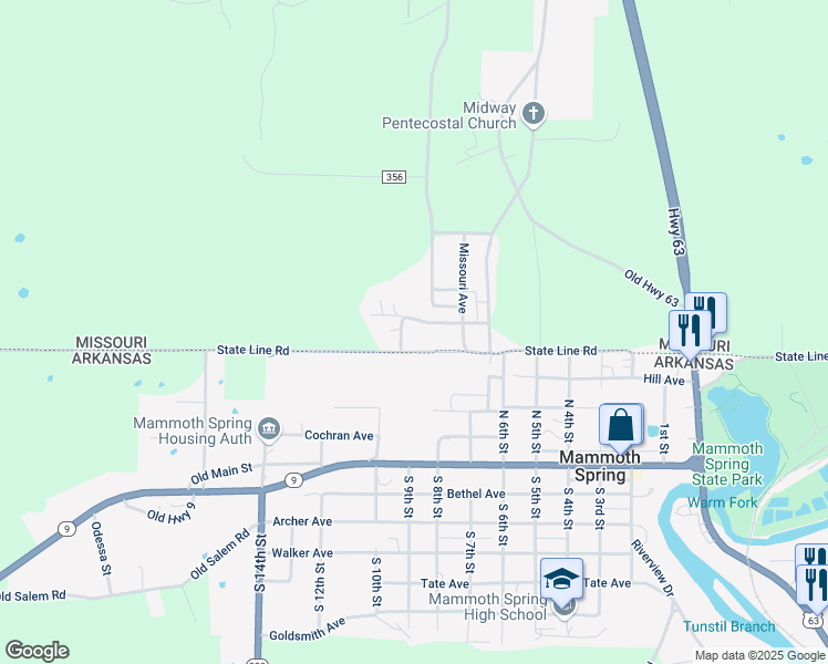 map of restaurants, bars, coffee shops, grocery stores, and more near County Road 358 in Thayer