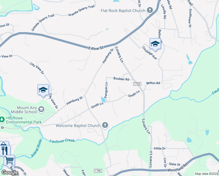 map of restaurants, bars, coffee shops, grocery stores, and more near 145 Aristocrat Lane in Mount Airy