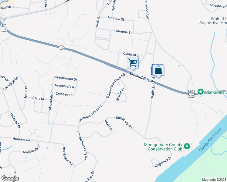 map of restaurants, bars, coffee shops, grocery stores, and more near 228 Scarlet Drive in Clarksville