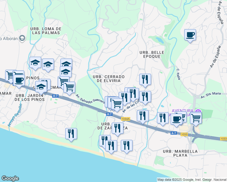 map of restaurants, bars, coffee shops, grocery stores, and more near in Marbella