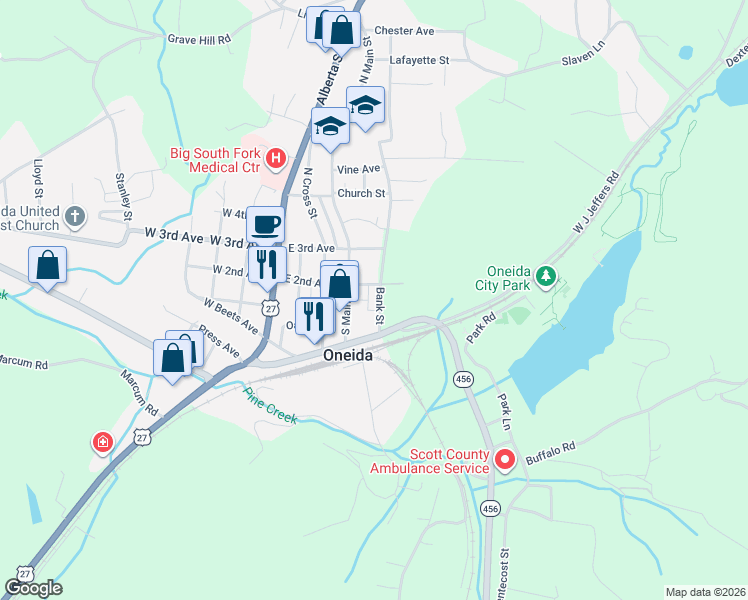 map of restaurants, bars, coffee shops, grocery stores, and more near 256 Bank Street in Oneida