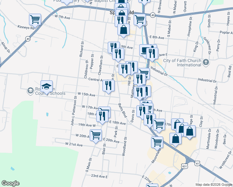 map of restaurants, bars, coffee shops, grocery stores, and more near 1322 South Main Street in Springfield