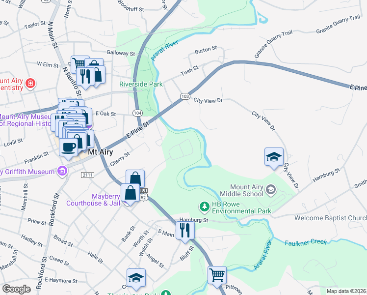 map of restaurants, bars, coffee shops, grocery stores, and more near 410 Circle Drive in Mount Airy