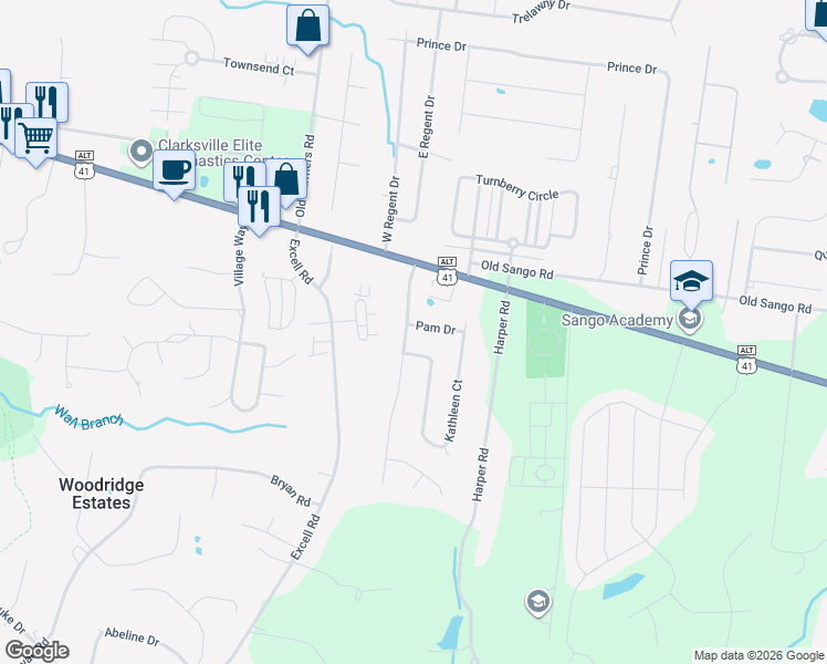 map of restaurants, bars, coffee shops, grocery stores, and more near 113 Shady Maple Drive in Clarksville