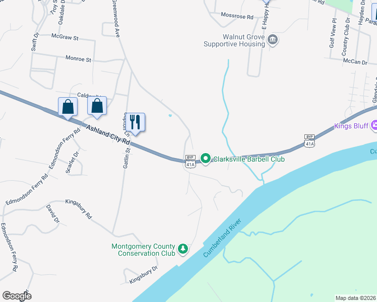 map of restaurants, bars, coffee shops, grocery stores, and more near 1080 Old Sevenmile Ferry Road in Clarksville