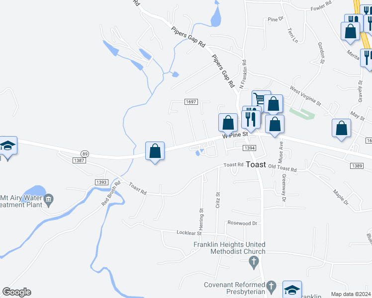 map of restaurants, bars, coffee shops, grocery stores, and more near 1493 West Pine Street in Mount Airy