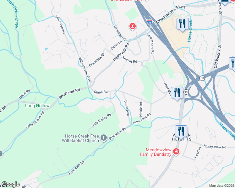 map of restaurants, bars, coffee shops, grocery stores, and more near 2017 Diana Road in Kingsport