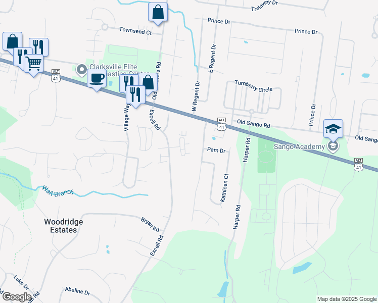 map of restaurants, bars, coffee shops, grocery stores, and more near 135 Excell Road in Clarksville