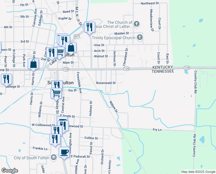 map of restaurants, bars, coffee shops, grocery stores, and more near 119 Roach Street in South Fulton