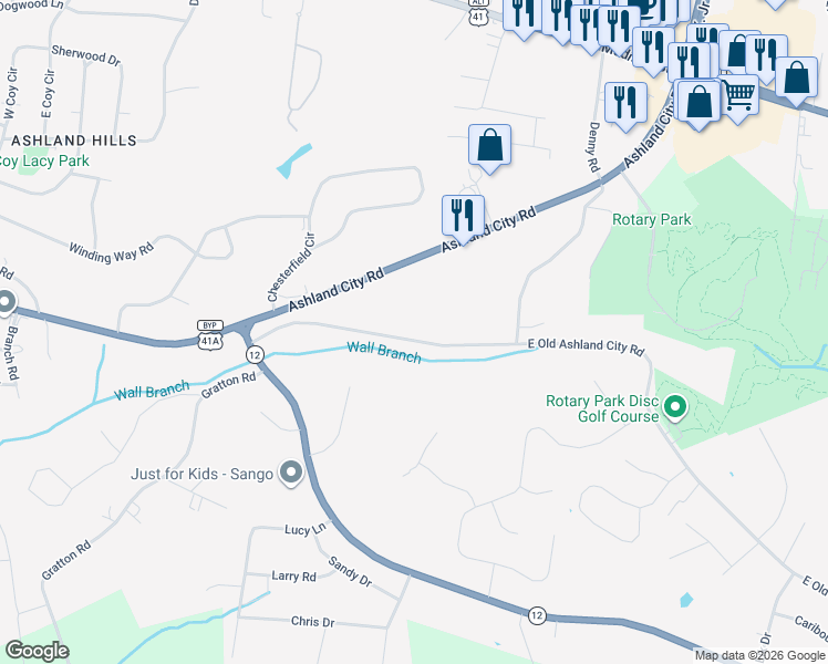 map of restaurants, bars, coffee shops, grocery stores, and more near 2691 East Old Ashland City Road in Clarksville