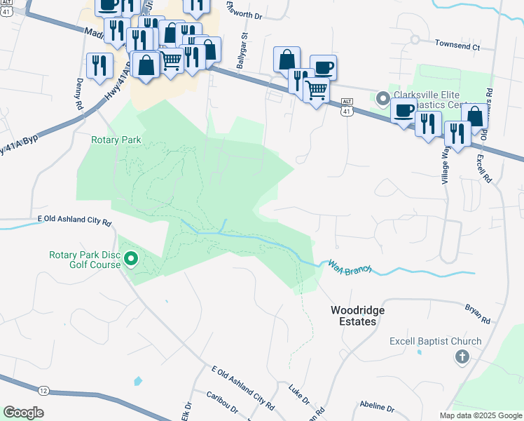 map of restaurants, bars, coffee shops, grocery stores, and more near 2520 Everwood Court in Clarksville