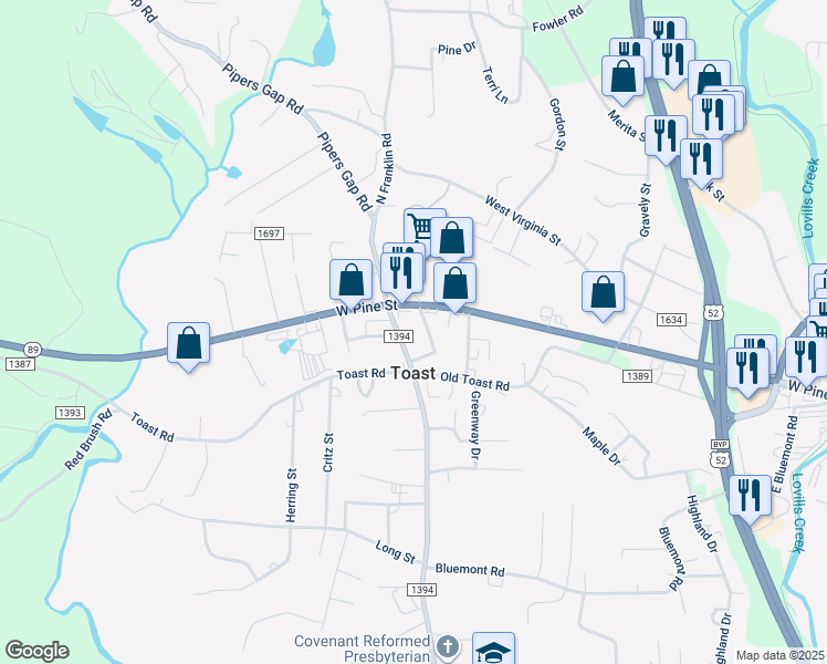 map of restaurants, bars, coffee shops, grocery stores, and more near 1221 West Pine Street in Mount Airy