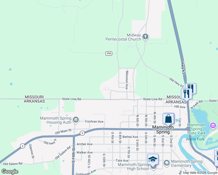map of restaurants, bars, coffee shops, grocery stores, and more near 205 County Road 358 in Thayer