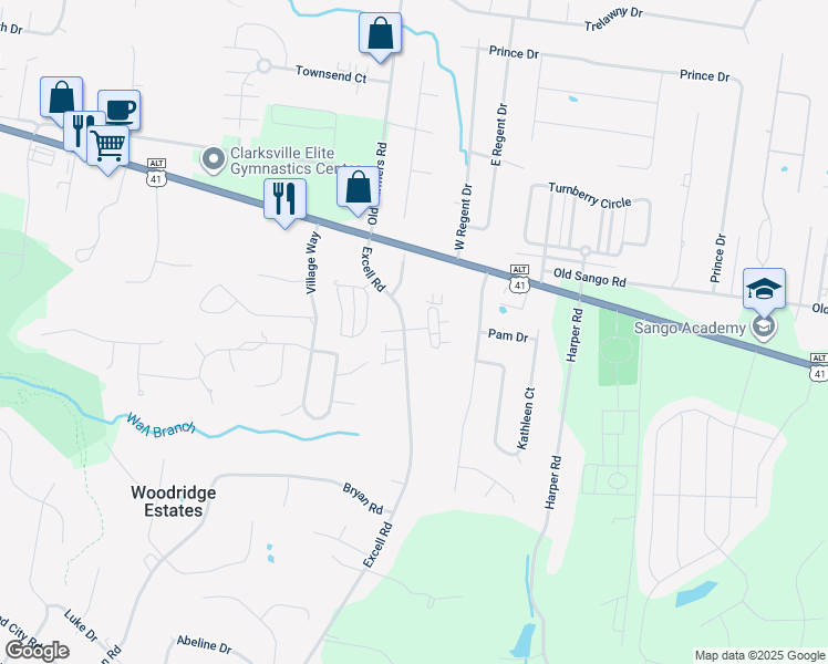 map of restaurants, bars, coffee shops, grocery stores, and more near 203 Excell Road in Clarksville