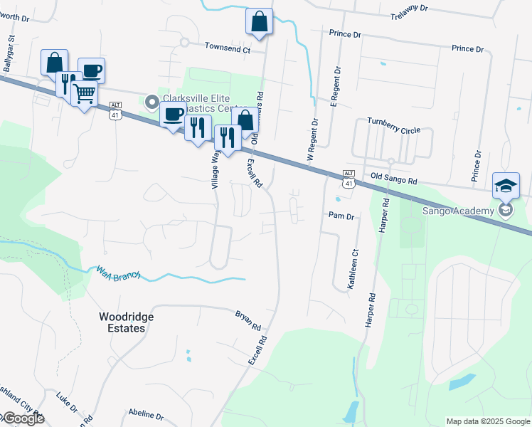 map of restaurants, bars, coffee shops, grocery stores, and more near 203 Excell Road in Clarksville