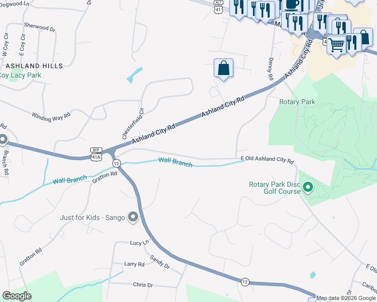 map of restaurants, bars, coffee shops, grocery stores, and more near 2691 East Old Ashland City Road in Clarksville