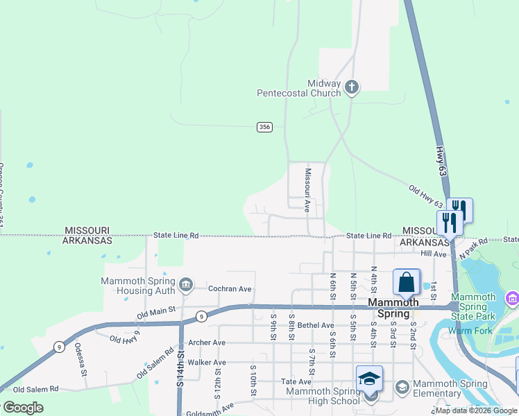 map of restaurants, bars, coffee shops, grocery stores, and more near 205 County Road 358 in Thayer