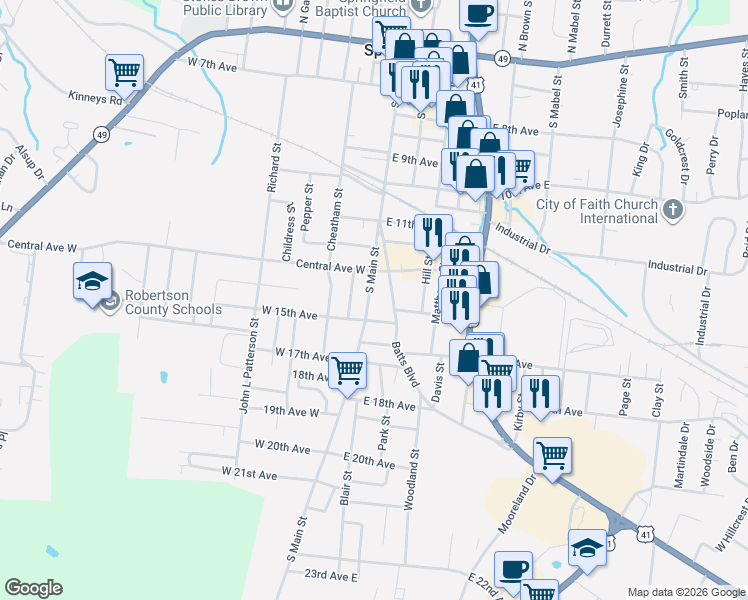 map of restaurants, bars, coffee shops, grocery stores, and more near 1322 South Main Street in Springfield