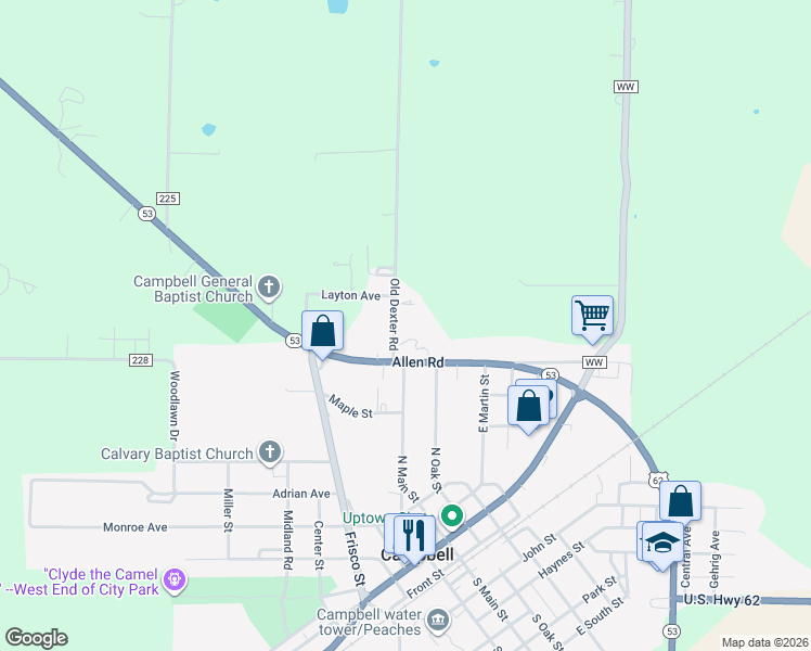 map of restaurants, bars, coffee shops, grocery stores, and more near 35080 County Road 229 in Campbell