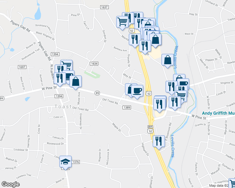 map of restaurants, bars, coffee shops, grocery stores, and more near 906 West Pine Street in Mount Airy