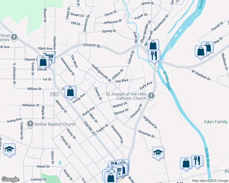 map of restaurants, bars, coffee shops, grocery stores, and more near 604 Morehead Street in Eden