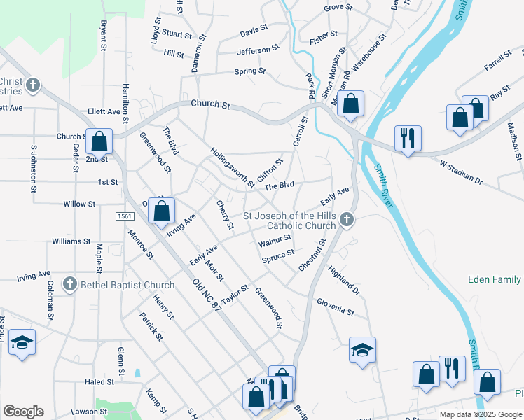 map of restaurants, bars, coffee shops, grocery stores, and more near 604 Morehead Street in Eden