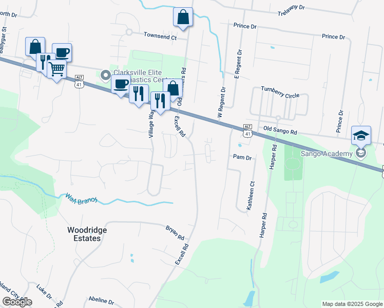map of restaurants, bars, coffee shops, grocery stores, and more near 203 Excell Road in Clarksville