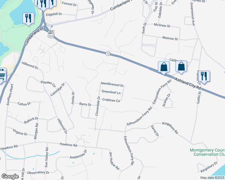 map of restaurants, bars, coffee shops, grocery stores, and more near 406 Needlewood Drive in Clarksville