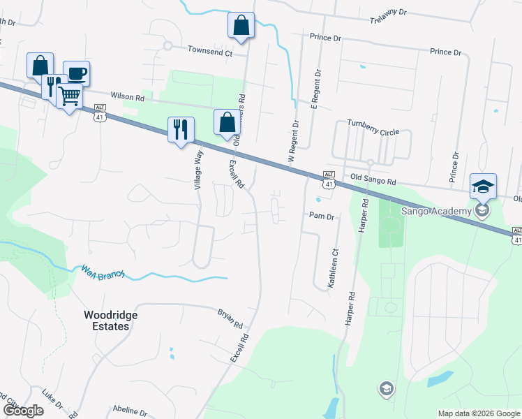 map of restaurants, bars, coffee shops, grocery stores, and more near 203 Excell Road in Clarksville