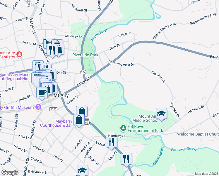 map of restaurants, bars, coffee shops, grocery stores, and more near 410 Circle Drive in Mount Airy