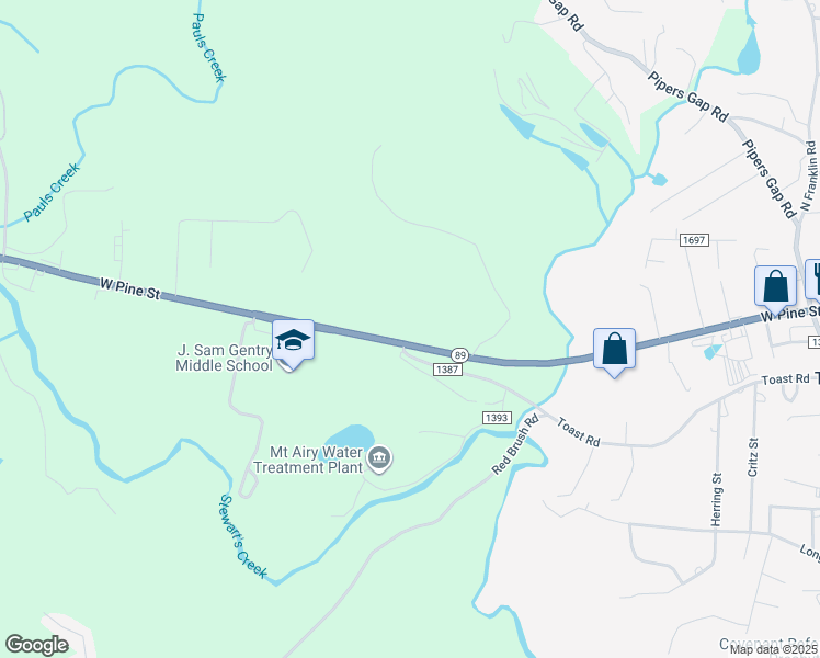 map of restaurants, bars, coffee shops, grocery stores, and more near 1794 West Pine Street in Mount Airy