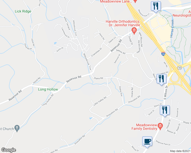 map of restaurants, bars, coffee shops, grocery stores, and more near 1905 Diana Rd in Kingsport