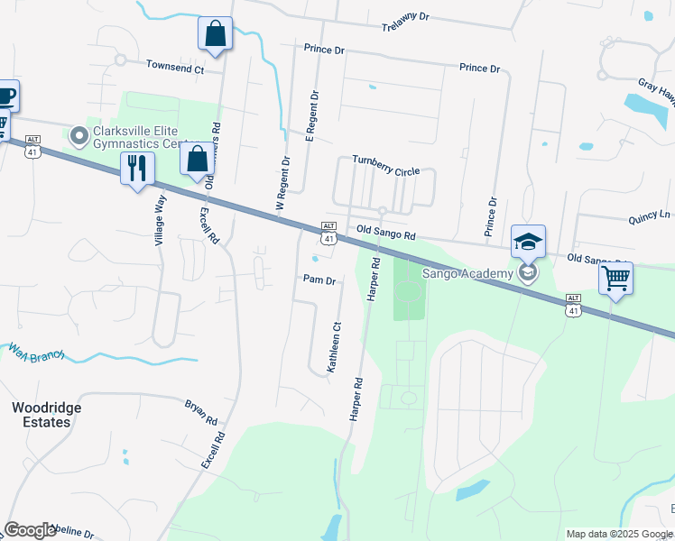 map of restaurants, bars, coffee shops, grocery stores, and more near 202 Kathleen Court in Clarksville