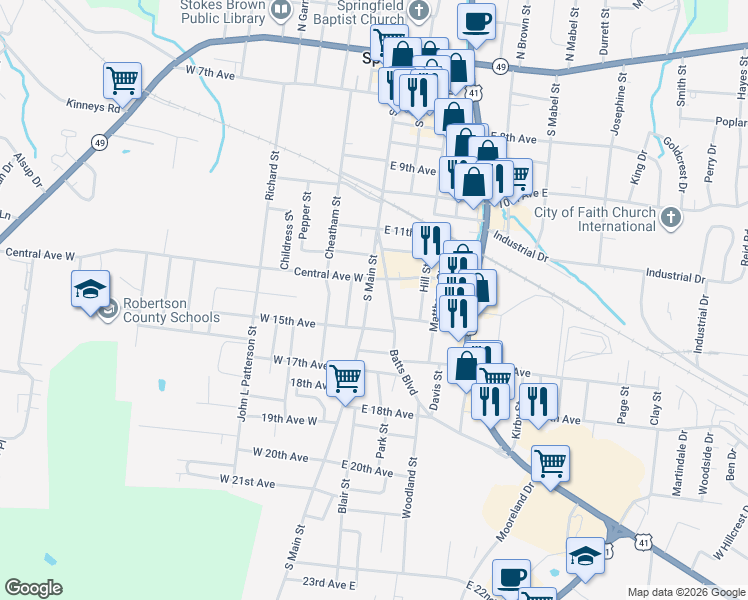 map of restaurants, bars, coffee shops, grocery stores, and more near 1322 South Main Street in Springfield