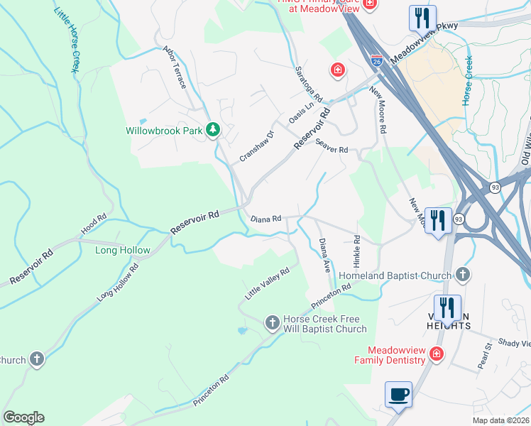 map of restaurants, bars, coffee shops, grocery stores, and more near 1905 Diana Road in Kingsport
